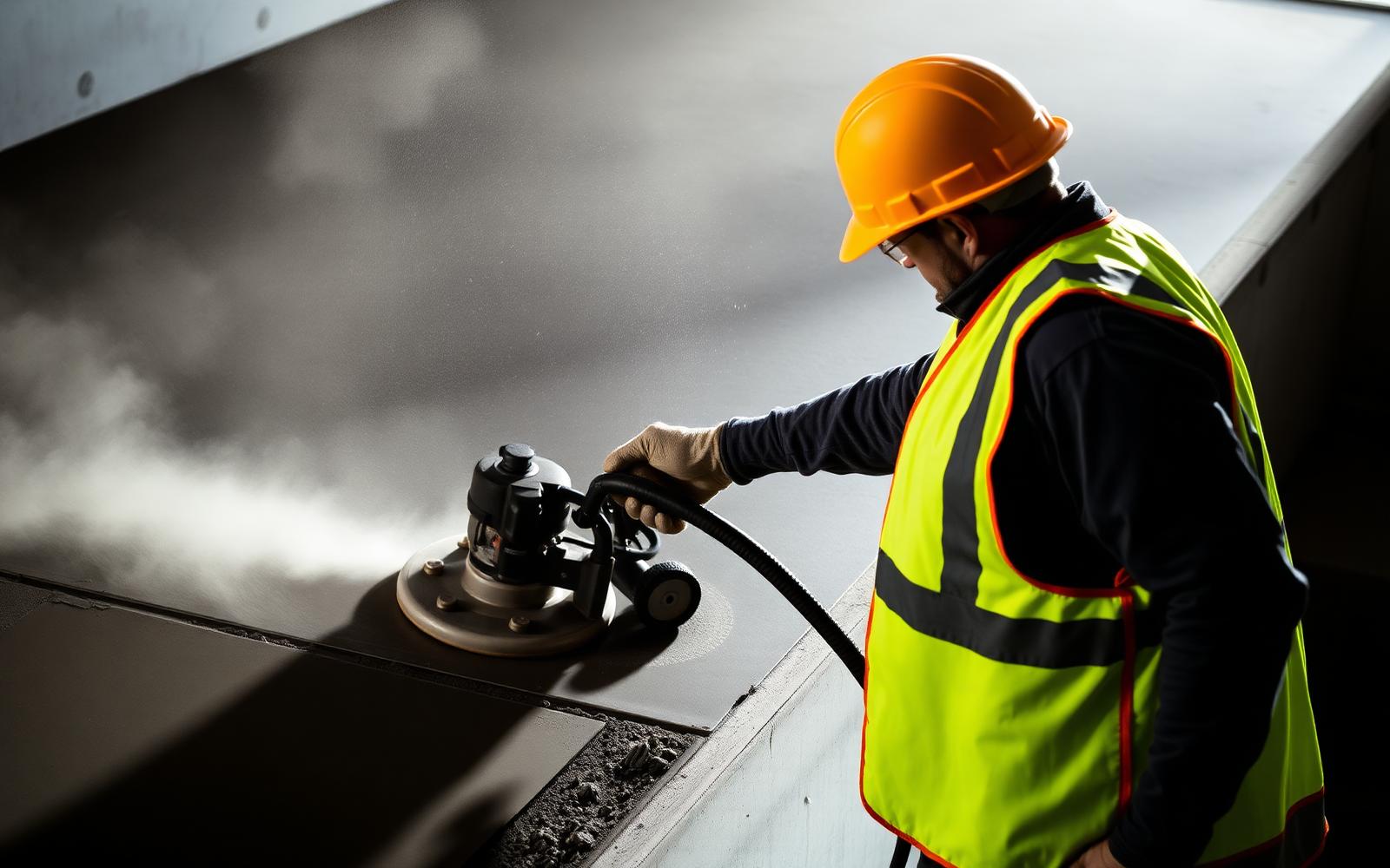 Concrete finisher operating a power trowel